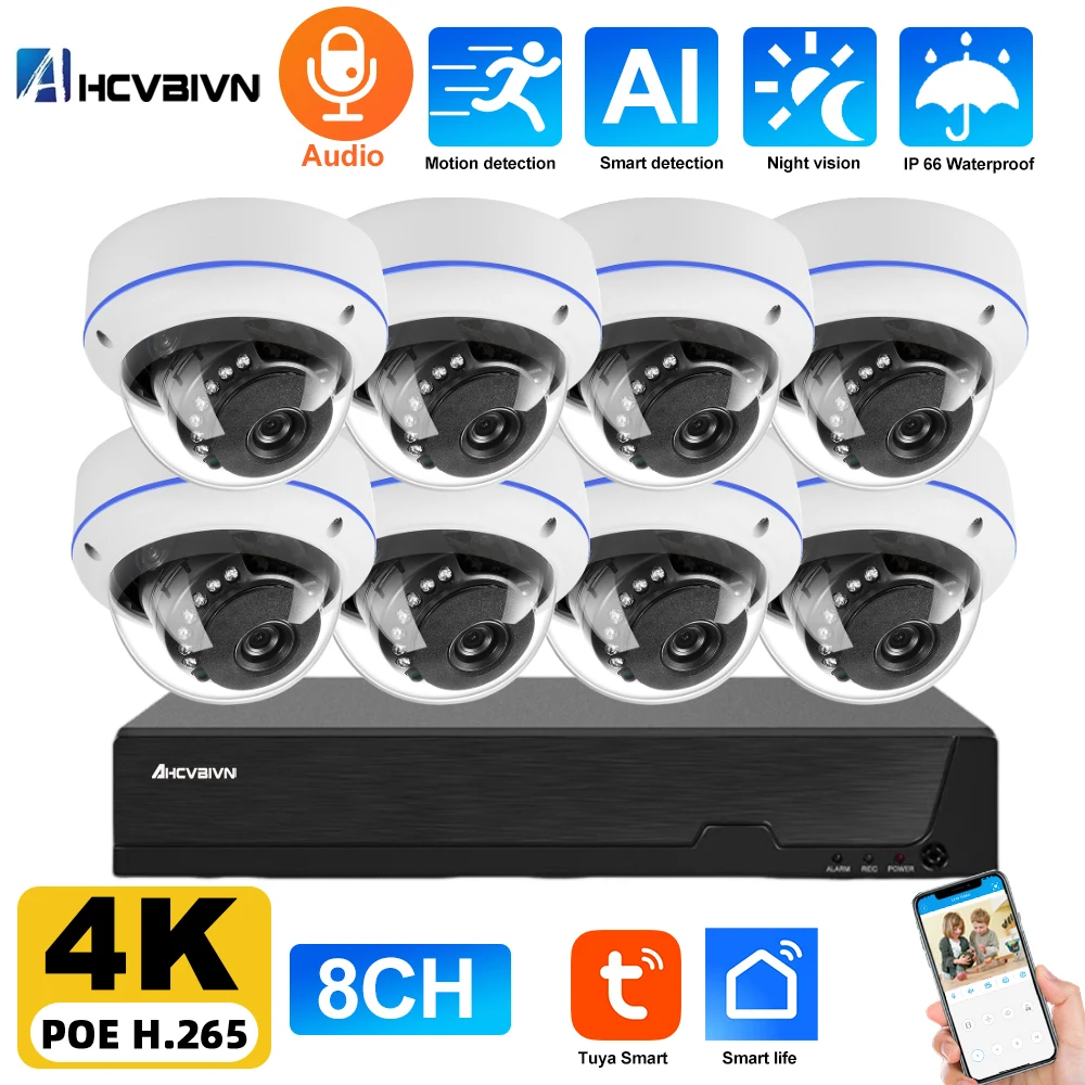 

Tuya H.265 8CH 4K POE NVR Kit Ai Human Detection Audio Dome Indoor Waterproof CCTV Security IP Camera Video Surveillance Set 4CH