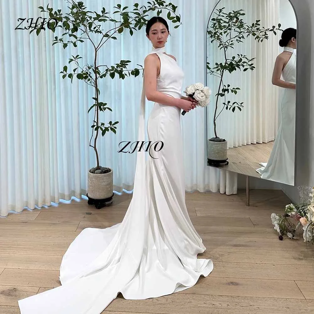 

ZHIO White Halter Neck Satin Wedding Dress Mermaid Gown Long Train Elegant Bridal Ceremony Wear Customized vestidos de novia