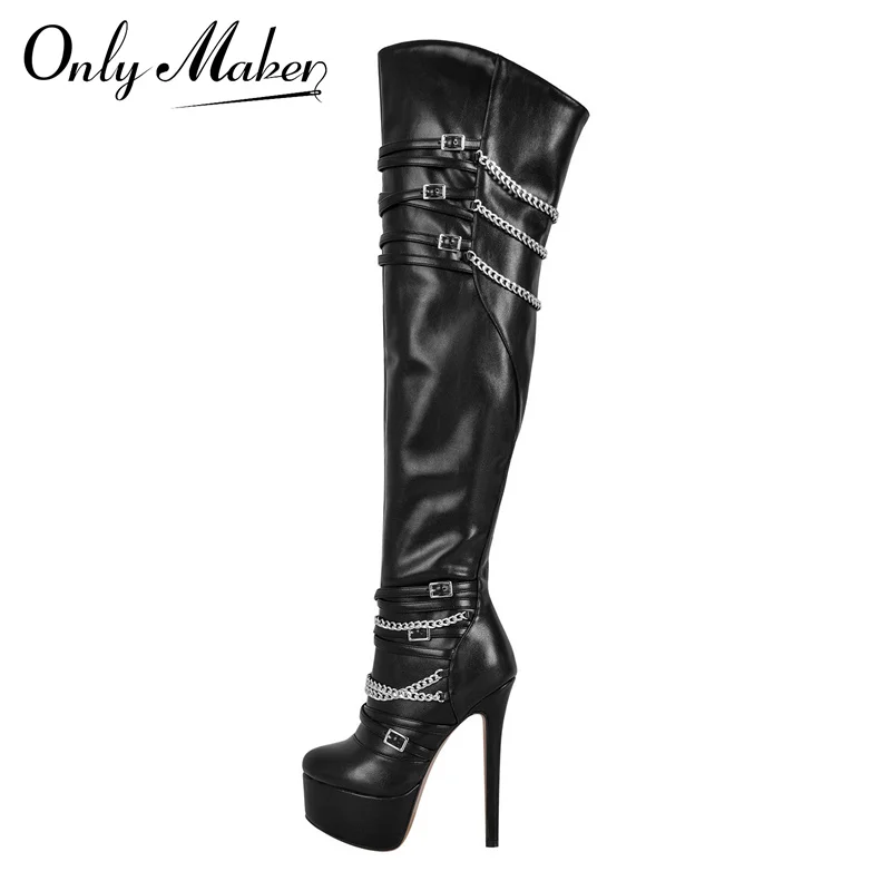 Onlymaker Women Over The Knee Boots Thin High Heel Lady Black  Metal Chain Decoration Zipper Female Winter Platform Boots