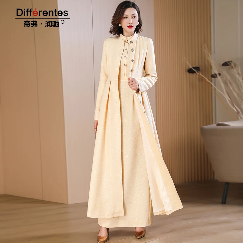 

New Trench Coat Women Autumn Jacquard Coat X-Long Jacket Single Breasted Outwear Office Lady Skirt Hem Turtleneck Pockets