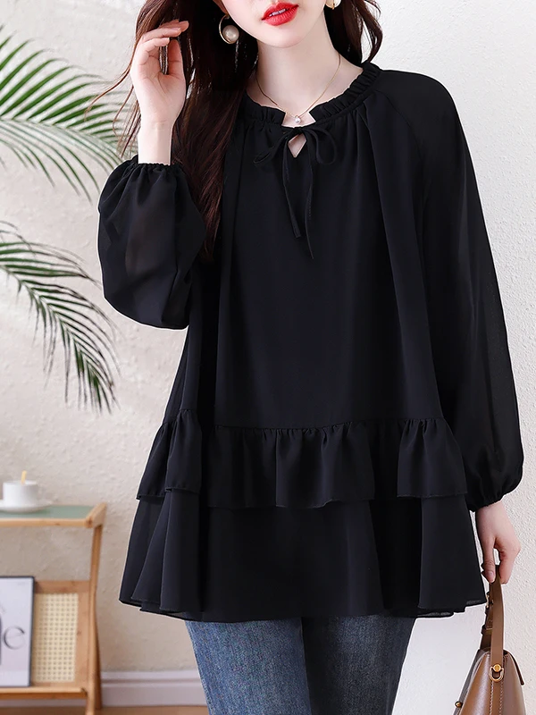 

plus Size Women's Casual round Neck Shirt Fashionable Slimming Top Cover up Spring 2026 Korean Style Ladies Premium Blouse