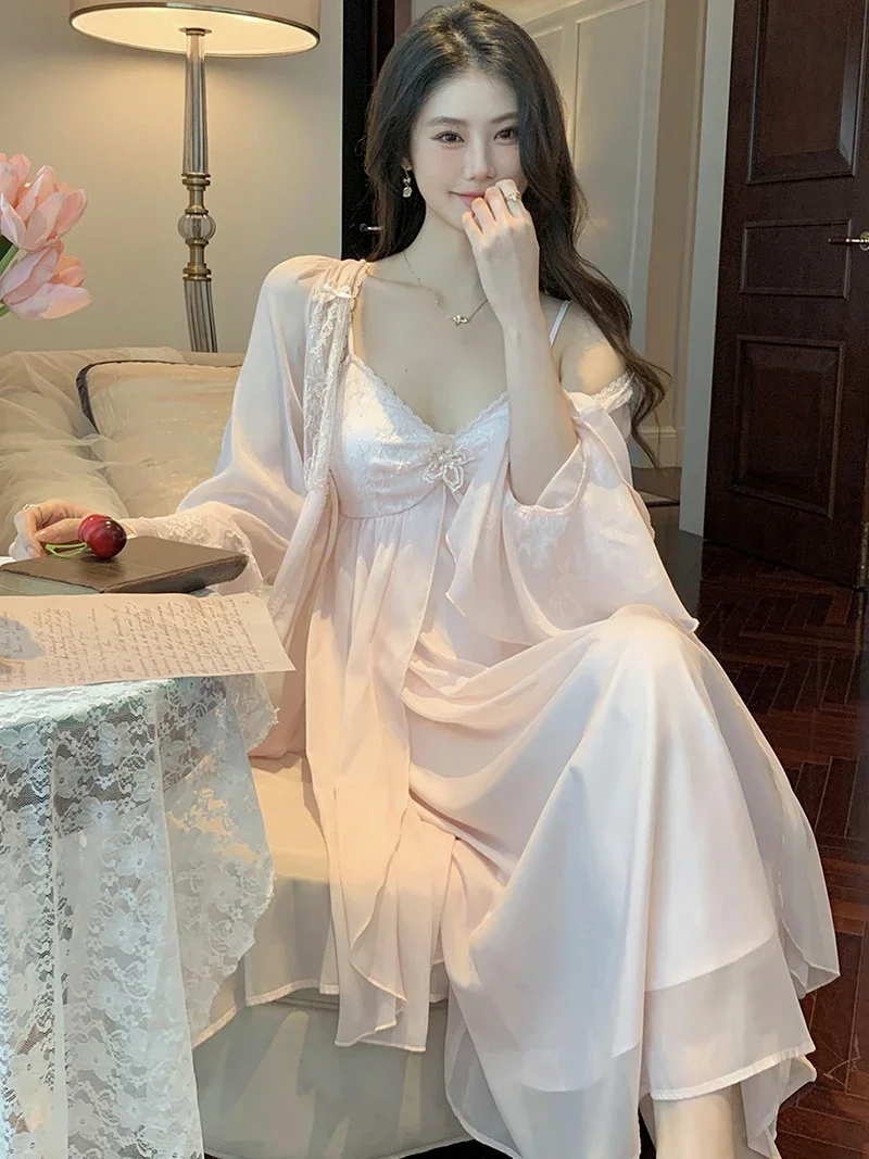 French Sexy Robe Fairy Nightgown Two-piece Set for Women Spring Chiffon Mesh Vintage Princess Pajama Sleepwear Home Clothing