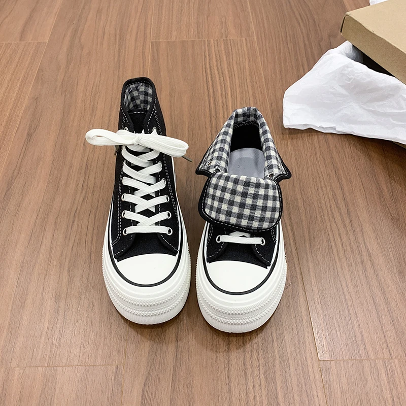 2026 New Fashion Thick-Soled Plaid Niche INS Trendy Design Casual Versatile Thick-Soled Foldable Canvas Shoes