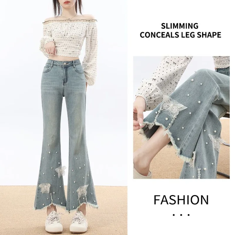 

Women's Light Blue Flared Jeans High Waist Beading Bow Stretchable Denim Bootcut Ankle Length Pants 2026 Fashion Casual