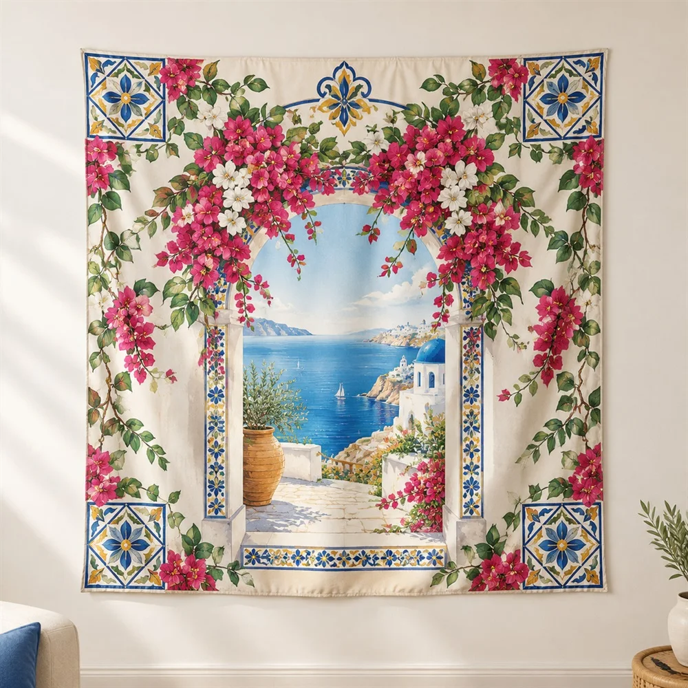 VIKAMA Bougainvillea Wall Corner Motif Tapestry Wall Hanging, Mediterranean Wall Decor Tapestries for Bedroom Nursery Kids Room