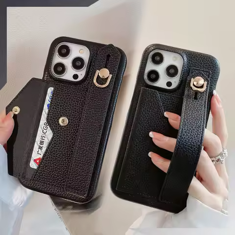 Wrist Band Card Bag Case For Samsung Galaxy S25 S24 S23 Ultra S22 S21 S20 Plus Lichee Pattern Leather Shockproof Phone Funda