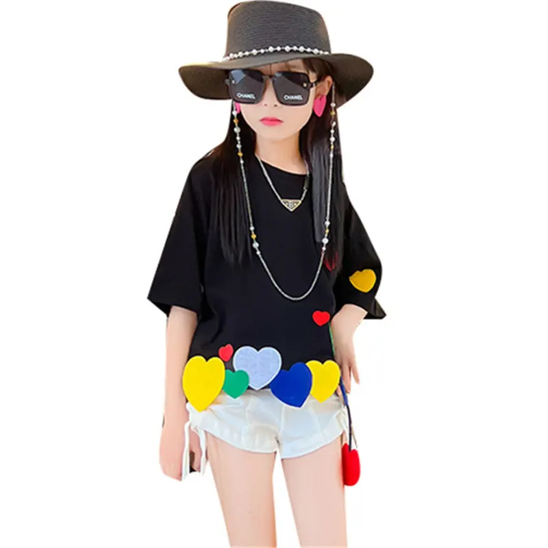 Fashion Girls New Design Tshirts with Colorful Heart Loose Top Clothes for Kids Girls Korean Hot Sale Short Sleeve Tees 4-14Year