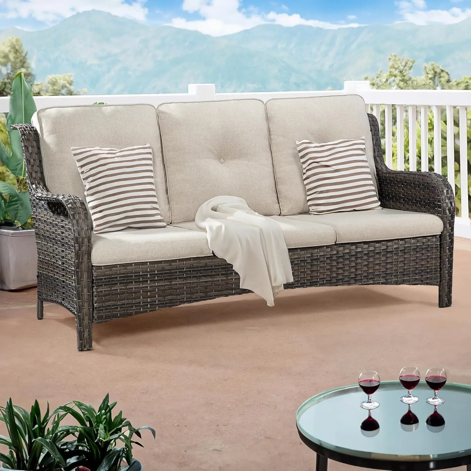 Joyside Outdoor Patio Couch Wicker Sofa - 3-osobowa sofa rattanowa do ogrodu na zewnątrz patio z głębokimi siedzeniami i poduszkami Olefin (Mi