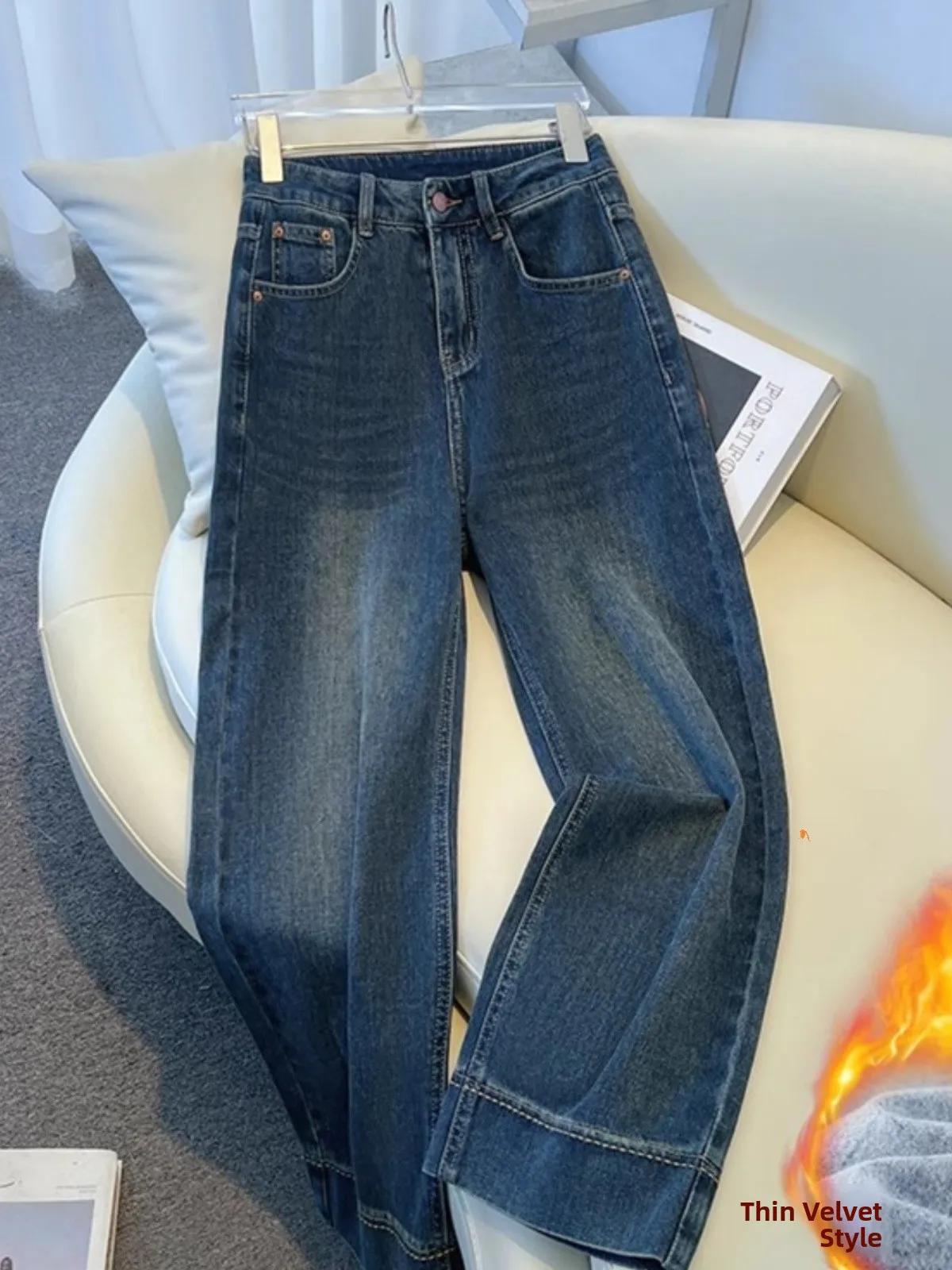 

Deep Blue Fleece Lined Wide Leg Denim Jeans Women's Spring Autumn High Waist Straight Cut Nine Point Small Size Thin Version