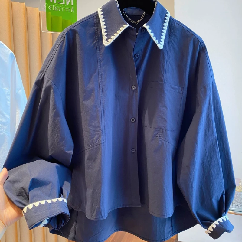 

SuperAen Korean-style Embroidered Contrast Color Long-sleeved Shirt for Women Summer 2025 New Loose Casual Shirts