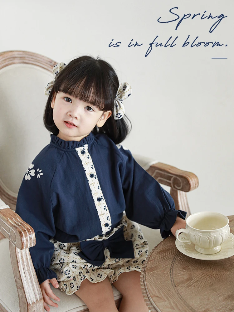 

Girls Sweet Floral Embroidery Shirt 2022 Spring New Baby Small Casual Printing Pants