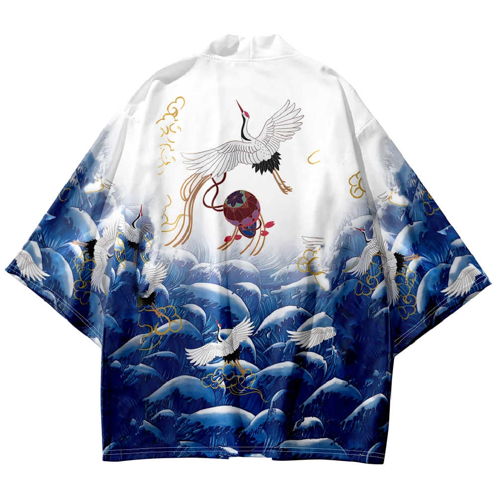 

2025 Summer Beach Style Wave Crane Print Kimono Women Japanese White Haori Oversized Cardigan Streetwear Tops
