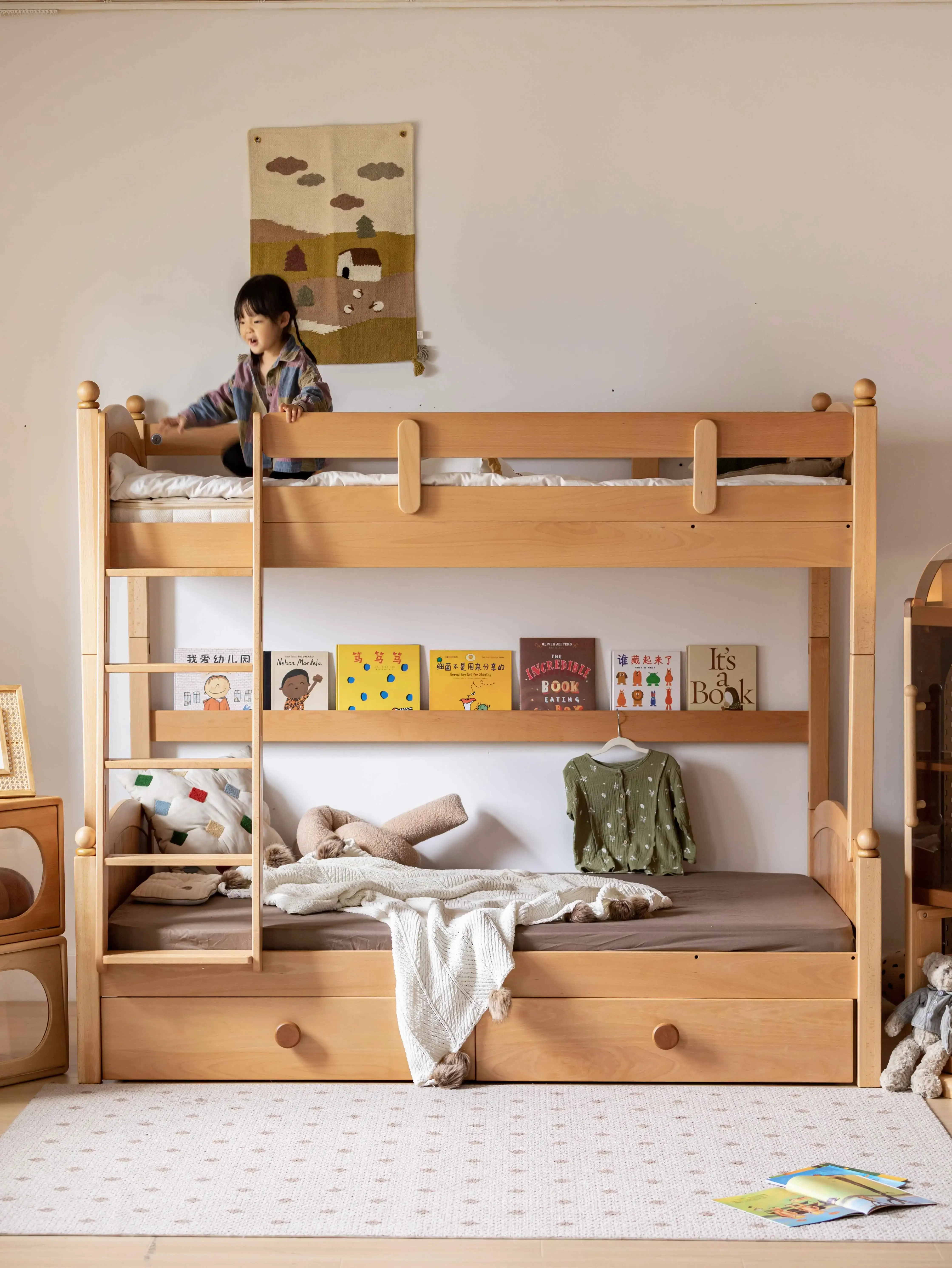 

For Children's Double Bed with Storage Drawers Wooden Bunk Bed for Girl/boy