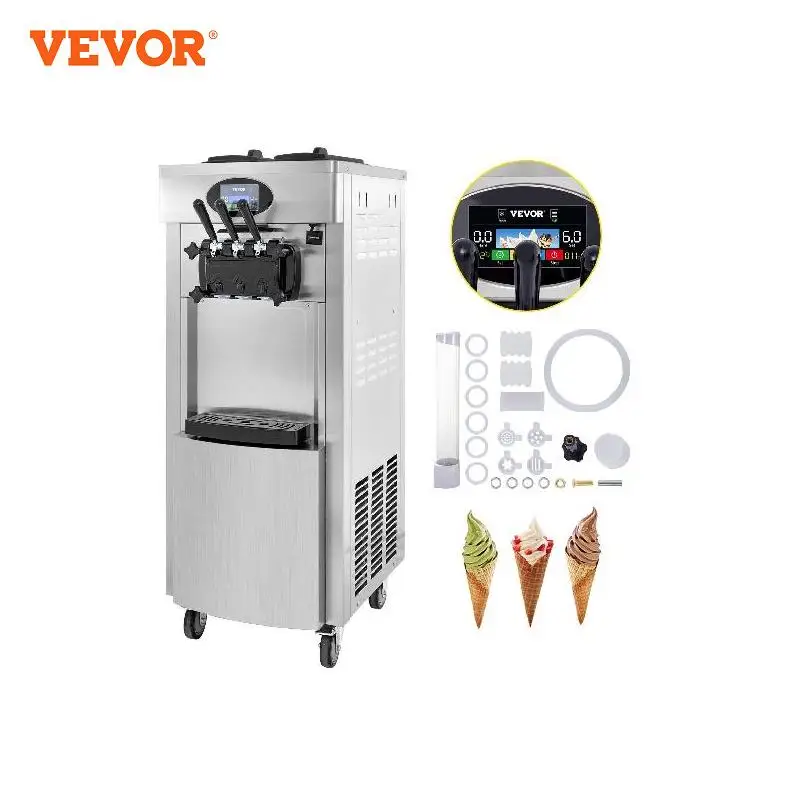 VEVOR 2200W Commercial Soft Ice Cream Machine 3 Flavors 5.3-7.4 Gal/H PreCooling at Night Auto Clean LCD Panel for Restaurants