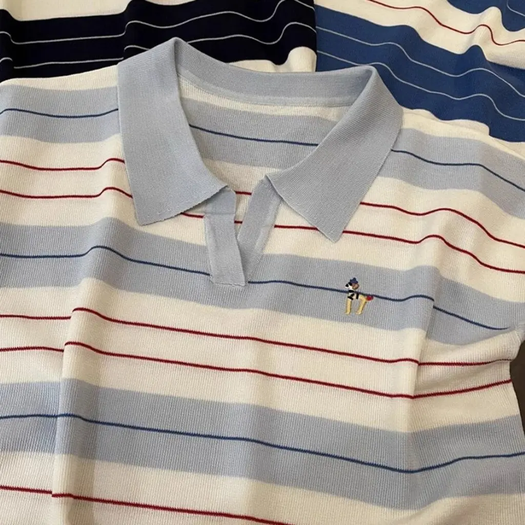 

Women's Korean Style Ice Silk Embroidered Polo Knitwear Summer Striped Dopamine Top Korean Fashion Design Nichewear