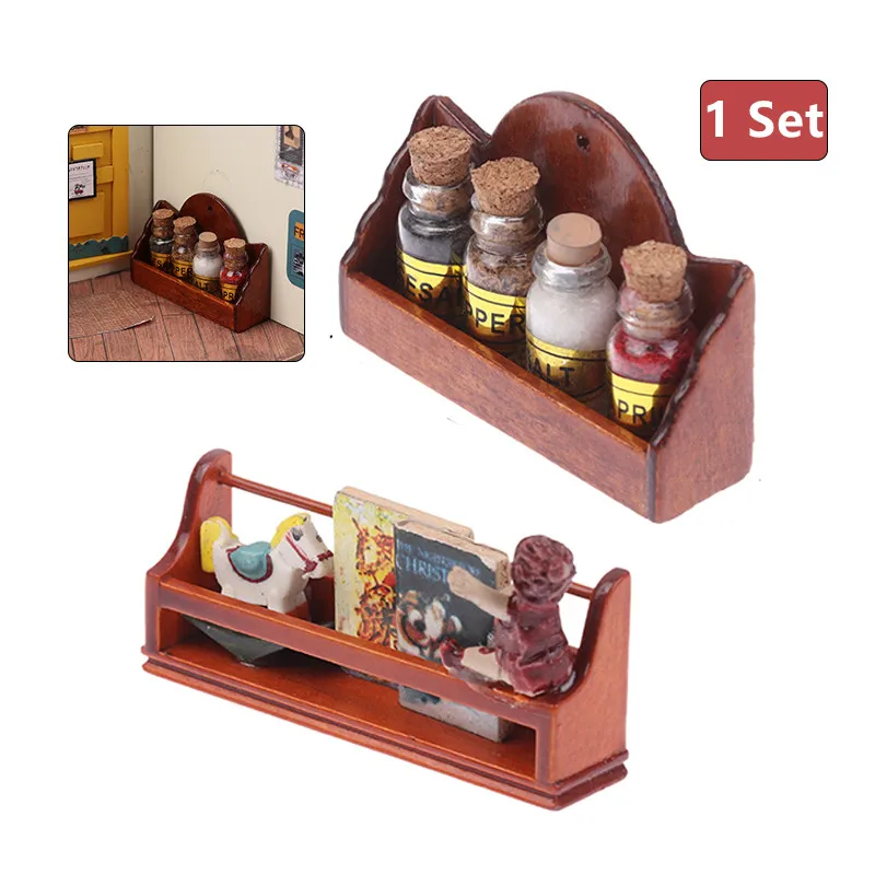 Dollhouse Mini Newspaper/Spice Bottle Seasoning Rack Wall Shelves Dollhouse Kitchen Furniture Decor Toys Dolls House Accessories