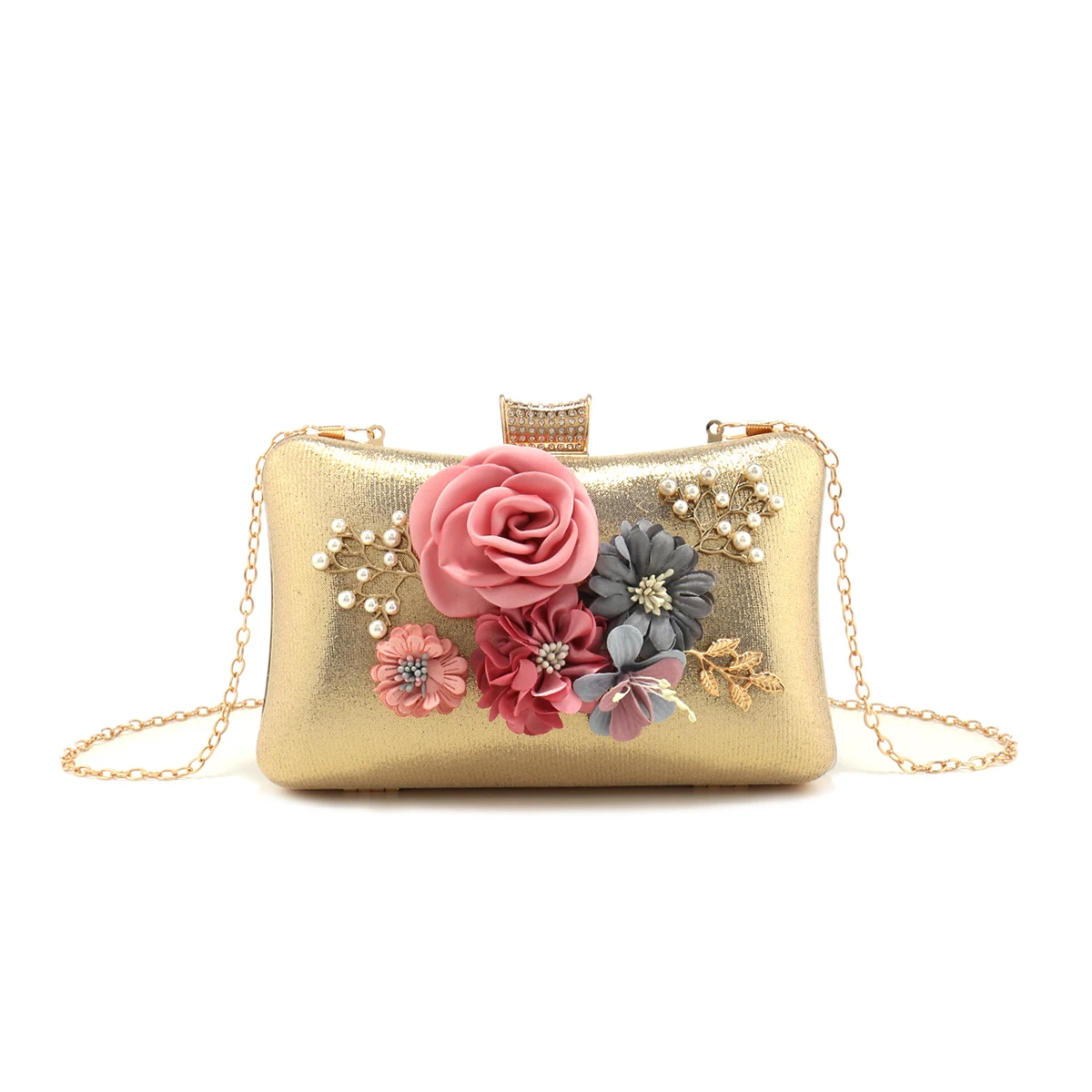 Flower Women Evening Bags Glitter Handbags Pearl Clutch Diamonds Metal Golden Purse Gift Best Girl Purse