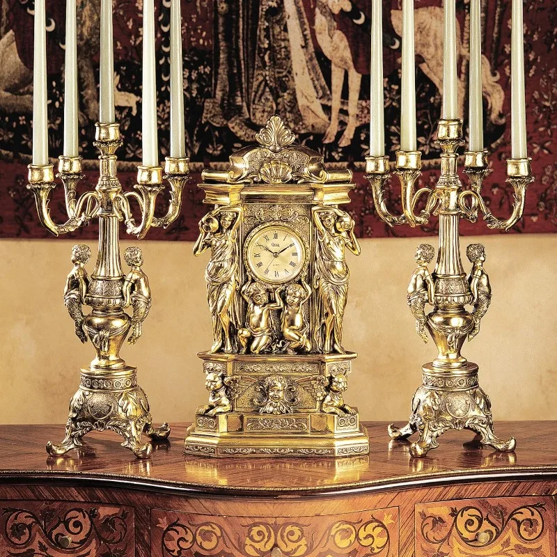 حامل شموع Toscano Grande Chateau Beaumont Candelabra، مجموعة من قطعتين، بطول 20 بوصة، راتنج من الحجر المصبوب، فيني ذهبي معدني