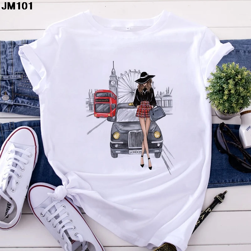 Summer Women's White T Shirt Fashion Model Printing Ladies Top Tshirt Harajuku Short Sleeve Streetwear Female T-shirt Woman Tees