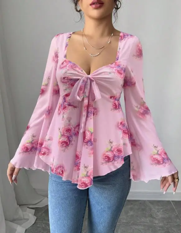 

Spring New Women's Clothing Pink Floral Bow Tie Tied Trumpet Sleeves Slim Fit Short Chiffon Top Fashionable Printed Retro Top