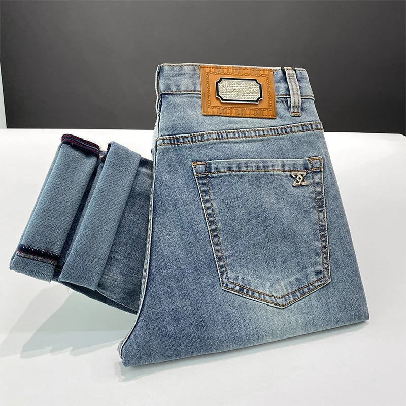 2024New High-End Retro Jeans Men's Thin Distressed Light-Colored Slim Fit Skinny Stretch All-Matching Light Luxury Trousers