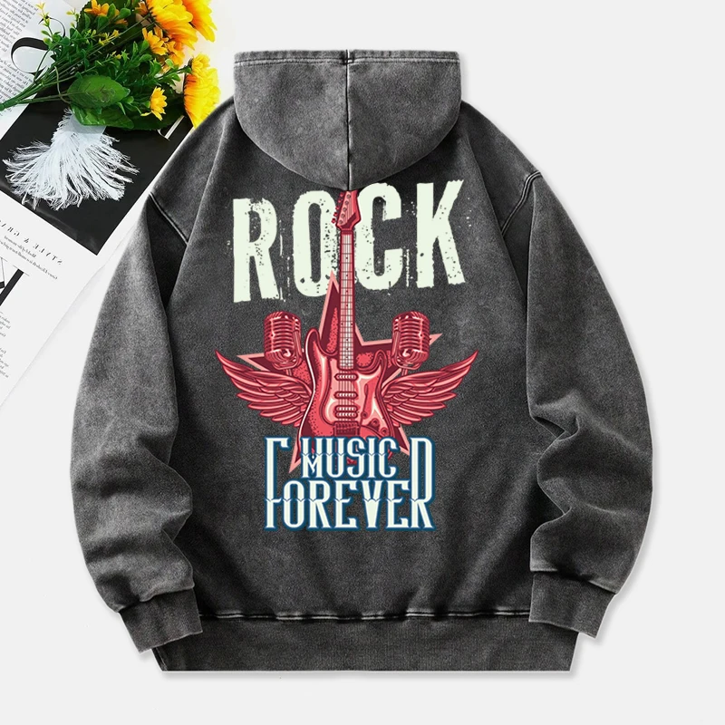 Rock Music Forever Washed Hoodie Womens Guitar Print Cotton Pullover Comfortable Pocket Oversize Hoody Casual Womans Clothes