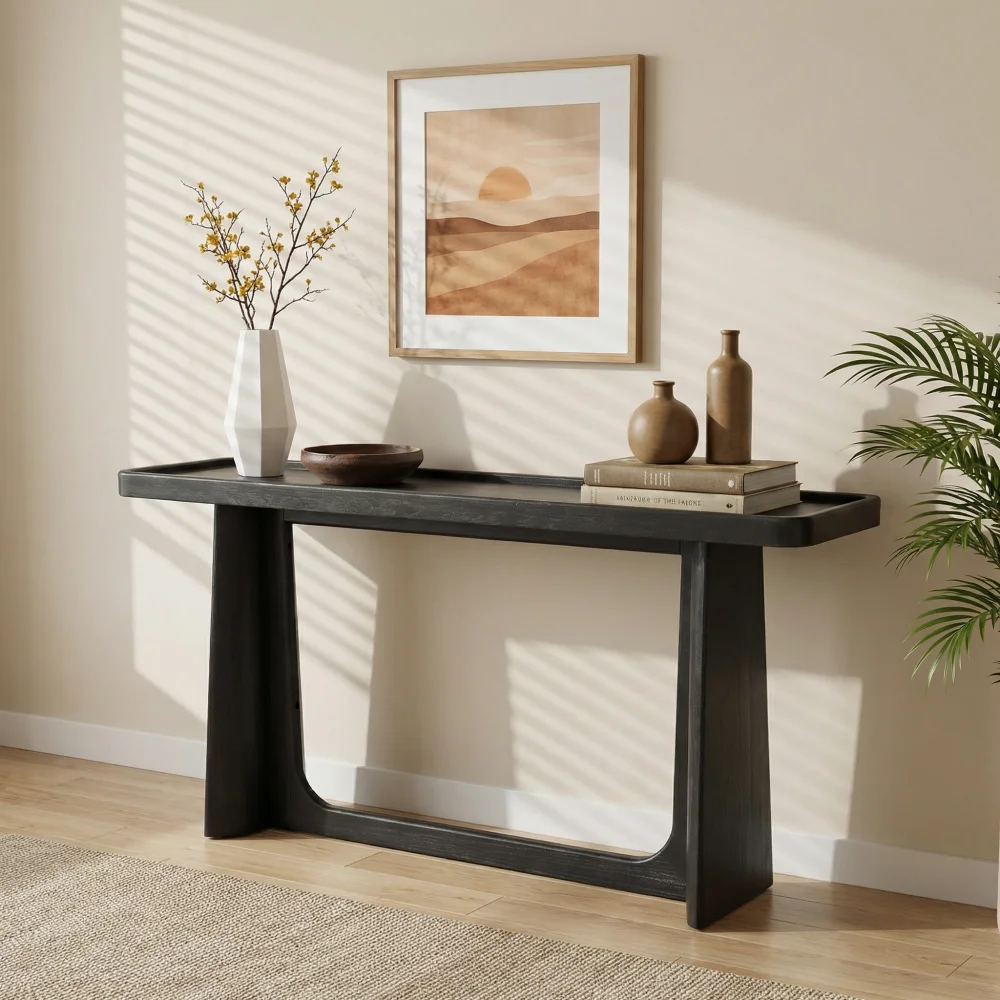 

Black Farmhouse Console Table Solid Wood Frame Tray Top Design for Entryway Living Room Sofa Back Decor
