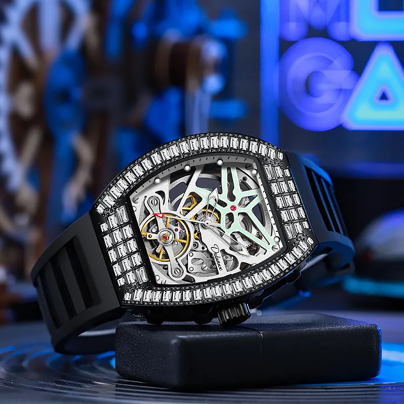    ساعات ميكانيكية أوتوماتيكية بمينا حجر الراين من Dulunwe للرجال ساعة توربيون فاخرة للرجال مقاومة للماء بحزام مطاطي