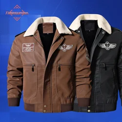 Winter Jacket for Men Motorcycle Leather Jacket Vintage Brown Military Flight Coat Winter Fleece Faux Leather Pigskin Plus Size