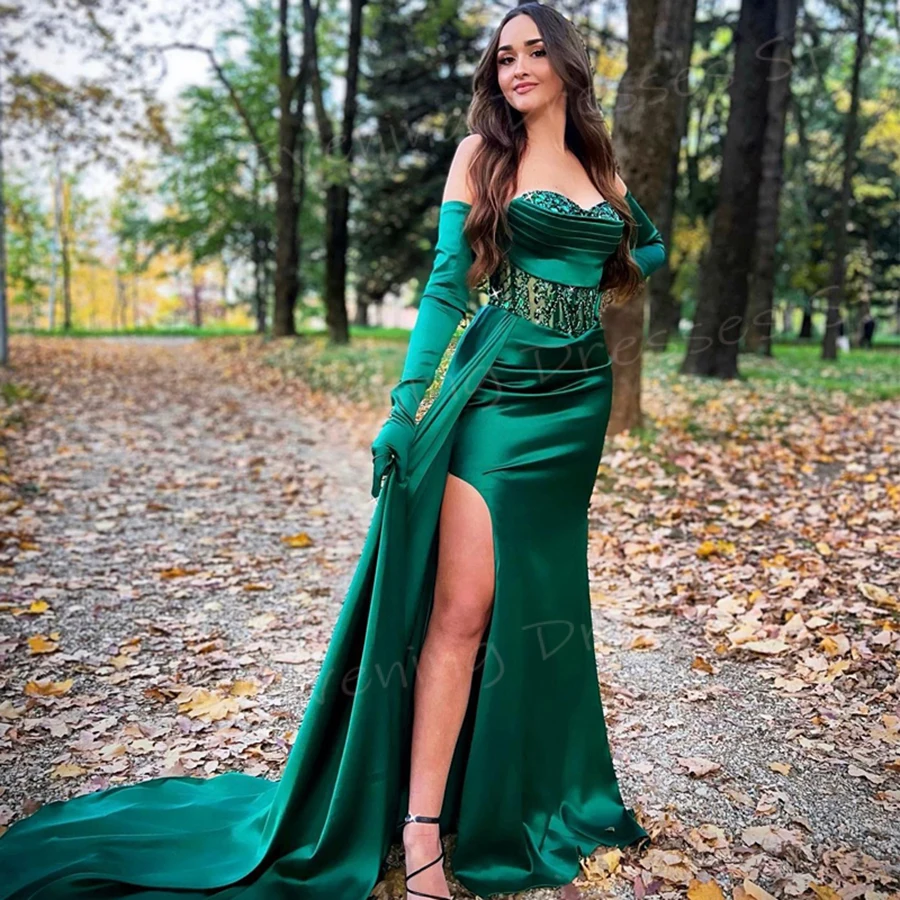 

Fascinating Green Women's Mermaid Generous Evening Dresses Strapless Sleeveless Beaded Prom Gowns Side Split Vestido De Noche