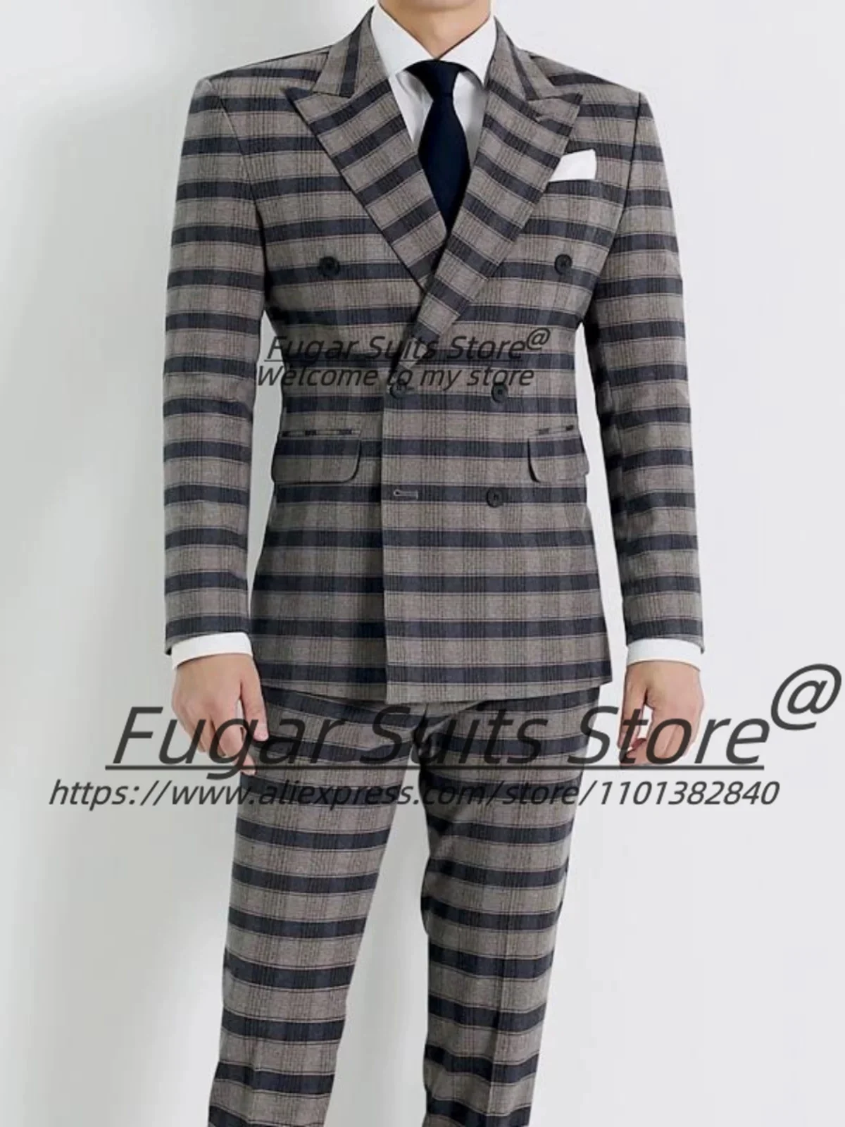 

Business Banquet Double Breasted Formal Plaid Men Suits Customized Slim Fit Peak Lapel Groom Wedding Tuxedos 2 Pieces Sets