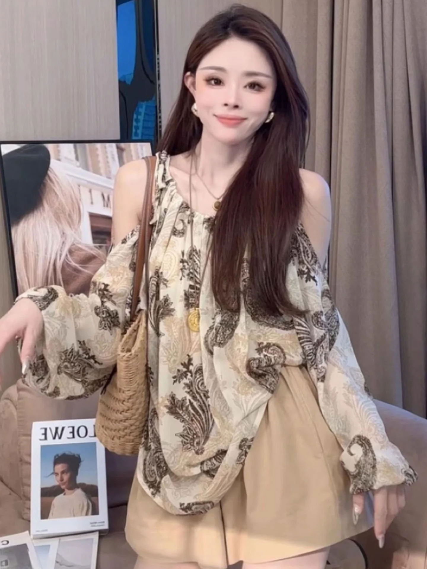 

Ele European Brand Summer Print Long Sve Women's irt Ne Hanging oulder Top Sun Protection Lazy Sle Top