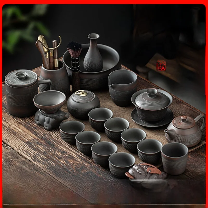 

Чайный набор Гунфу из фиолетовой глины для дома и гостиной, винтажный, для ленивых, с чайником и чашкой из фиолетового песка