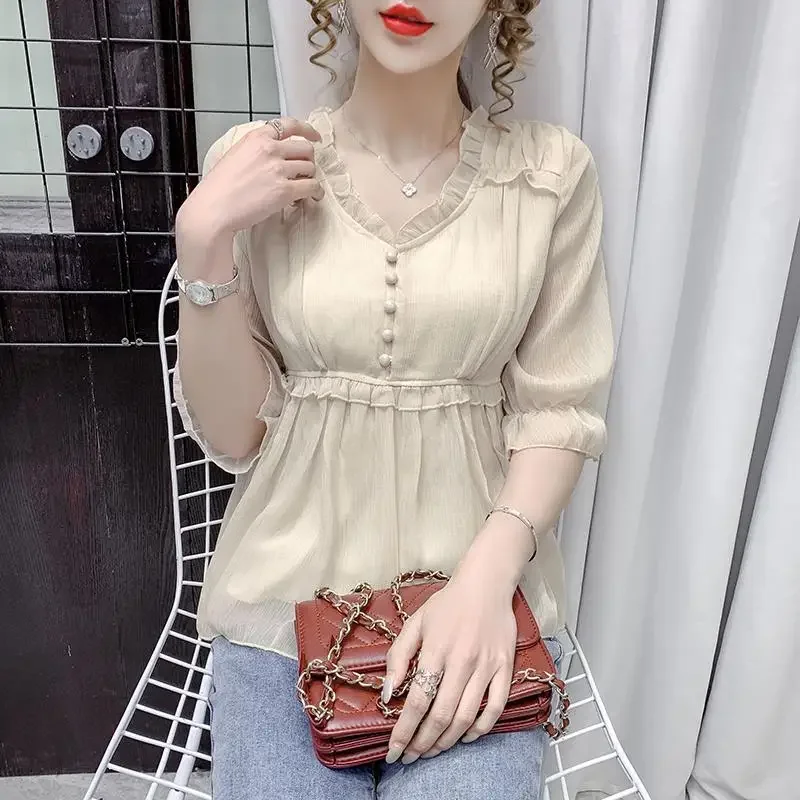 Chiffon shirt women's short-sleeved summer new Korean style loose pullover v-neck fashion western casual top