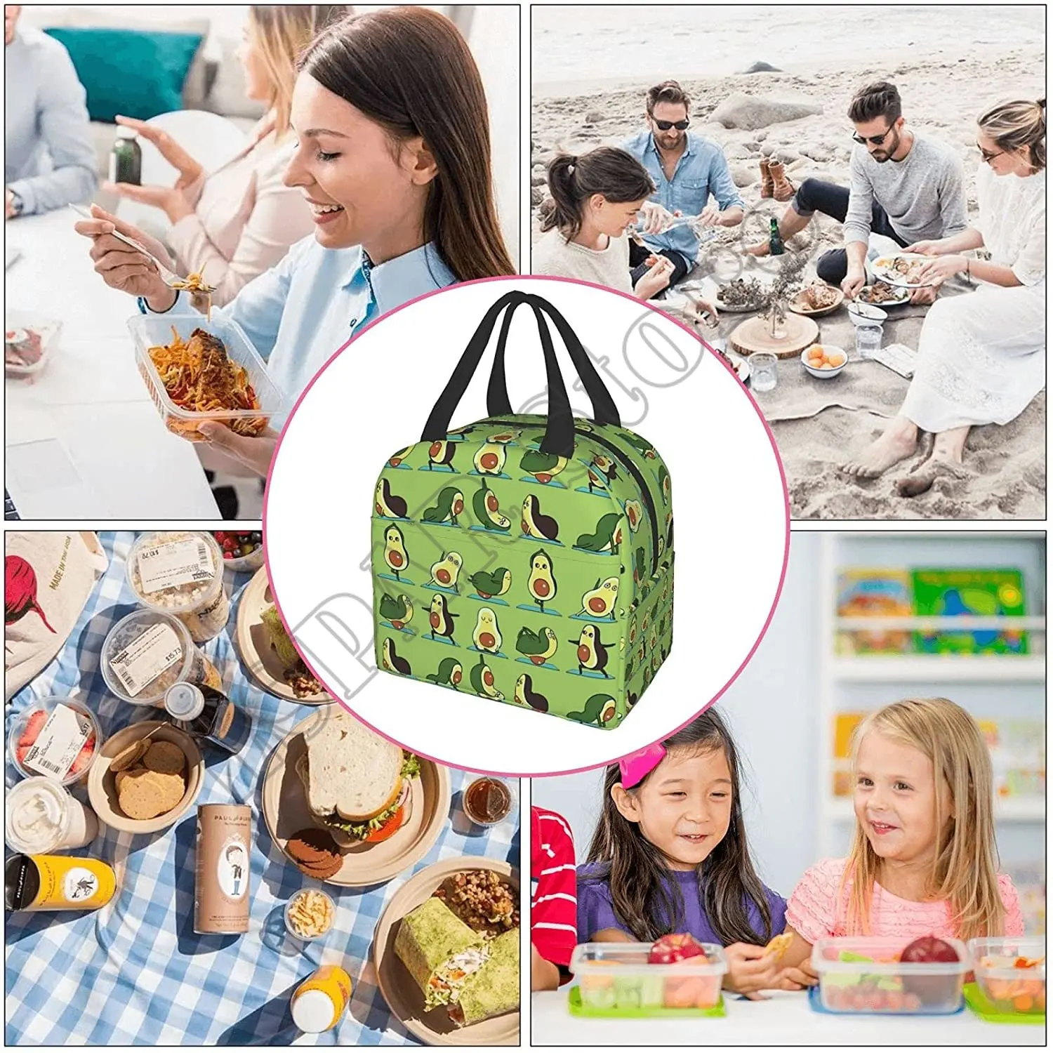 Avocado Yoga Lunch Box Insulated Lunch Boxes Waterproof Lunch Bag Reusable Lunch Tote With Front Pocket For Beach Office Picnic