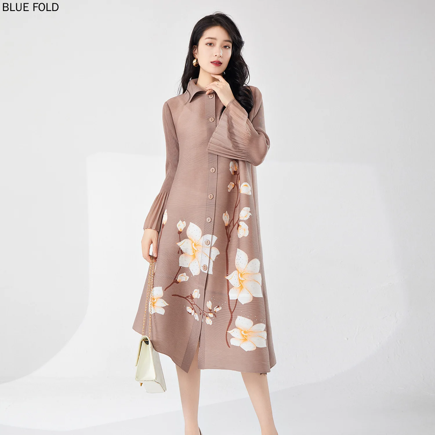 

Miyake Dress Summer Women's High-end Printed Lapel Single-breasted Loose Large Size Elegant Dress PLEATS Vestido High Quality