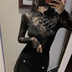 Traditional Chinese Cheongsam Dress Women Sexy Retro Buckle Lace Qipao Girls Gothic Slim Tight Mesh Tops Modern Fashion Shirts
