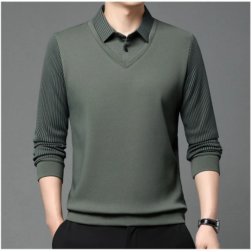 Autumn and Winter Men's Pullover Polo Neck Plush Thickened Striped Fake Two Pieces Fashion Solid Color Casual Long Sleeved Tops