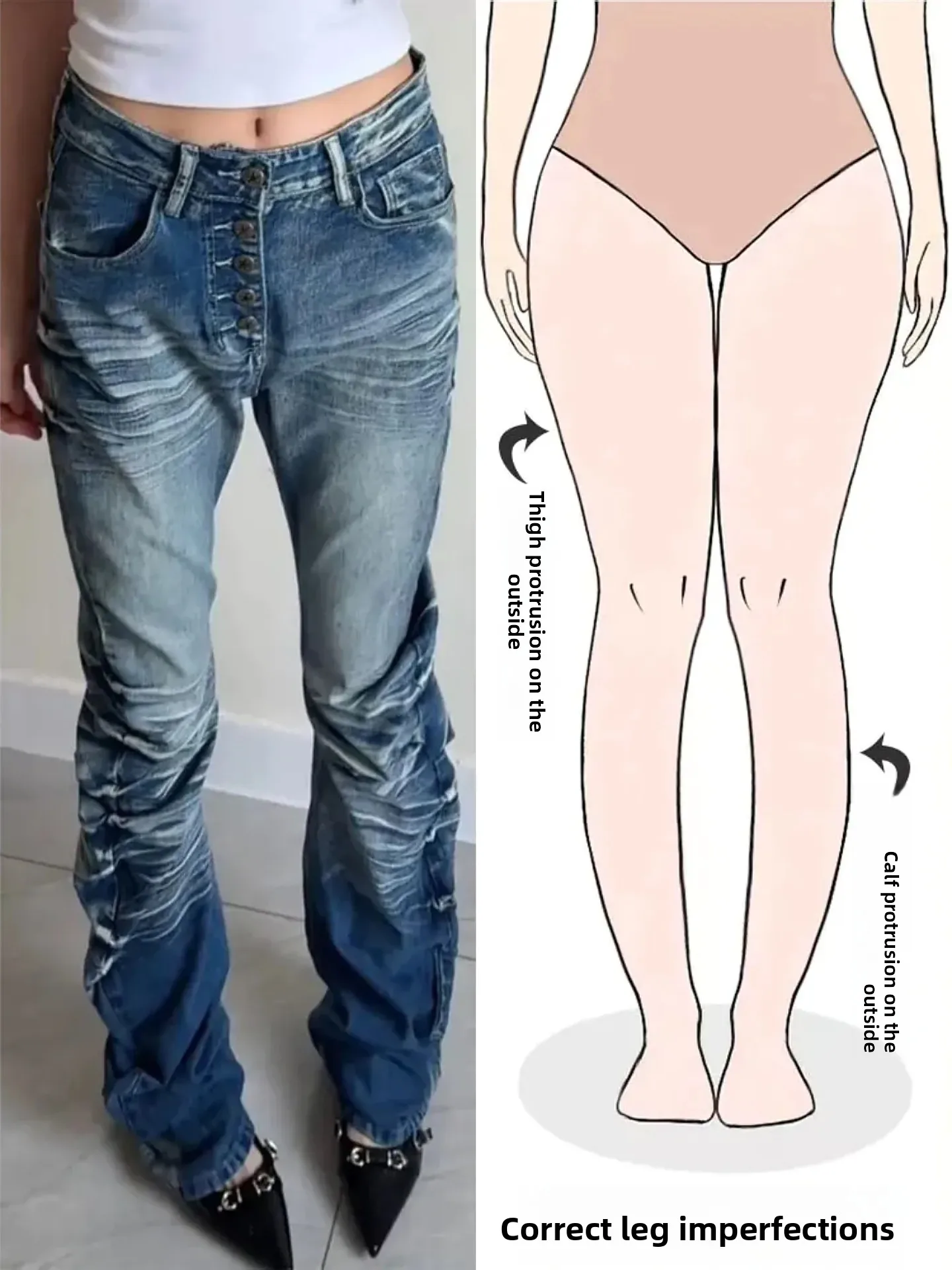 

Retro American Denim Jeans Women's High Waist Multi-Button Pleated Floor-Length Pants Pear Shape Body Design Casual Straight Leg