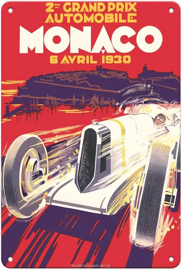 Pacifica Island Art 2nd Monaco Grand Prix 1930 - Vintage Car Racing Poster - 8 x 12 inch Vintage Metal Tin Sign