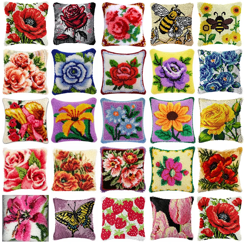 

Набор для вышивания крючком DIY: Подушка-квилт с мультяшными цветущими растениями, вязаная подушка-узелок, вышивка на холсте
