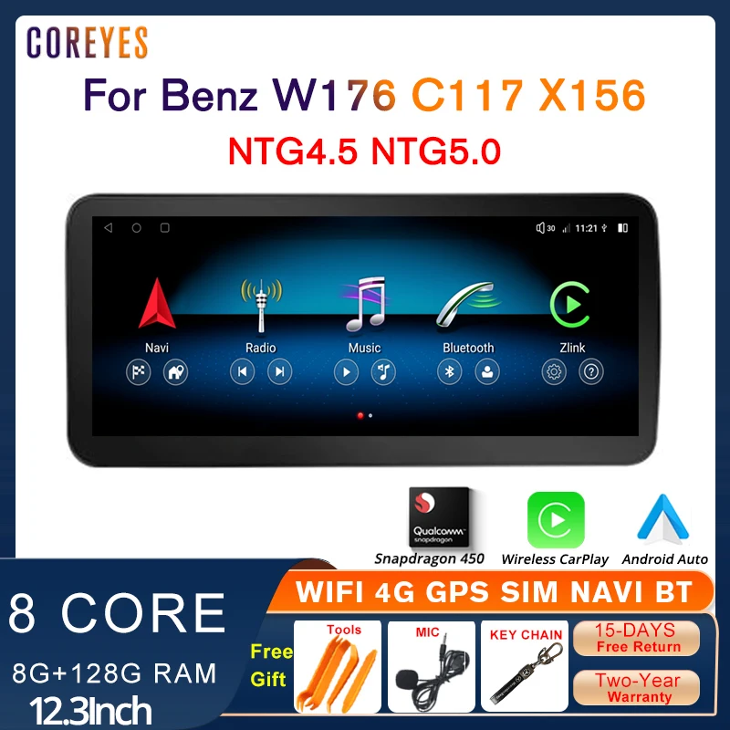 COREYES 12.3'' Android 12 1920*720P Snapdragon 450 For Benz A CLA GLA W176 X156 Car Radio Multimedia Player Carplay GPS Stereo