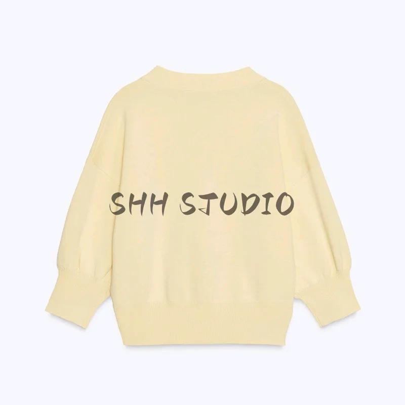 

Autumn New Gold Plated Button Ribbed V Ne Lantern Long Sve Knitted Jaet Women's Loose Fit Polyester Fiber Open Ca...