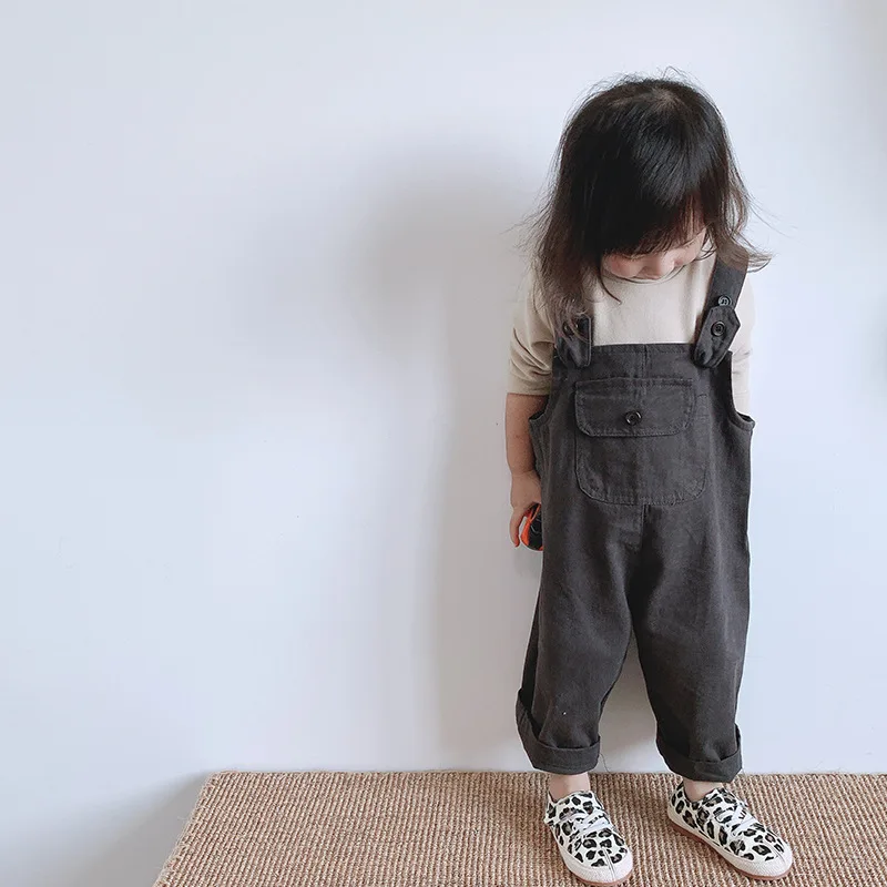 Autumn Children Pocket Denim Overalls Boy Kid Solid Simple Suspender Jumpsuit Girl Baby Loose Casual Pants Infant Cotton Trouser