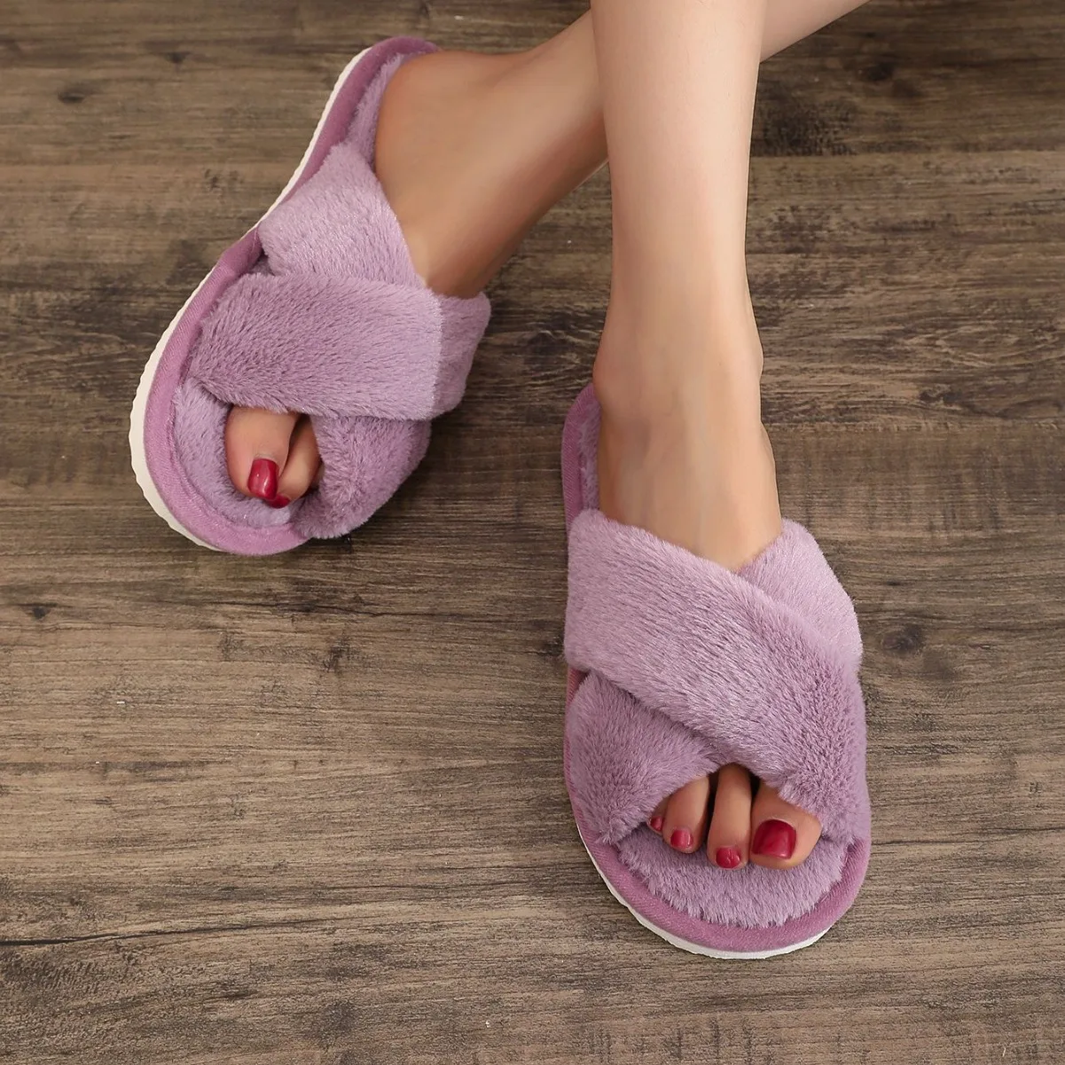 Fashion Cross Warm Fluffy Slippers Women Autumn Winter Concise Slides Men Non-Slip Home Plush Sandals Female Cute Floor Shoes