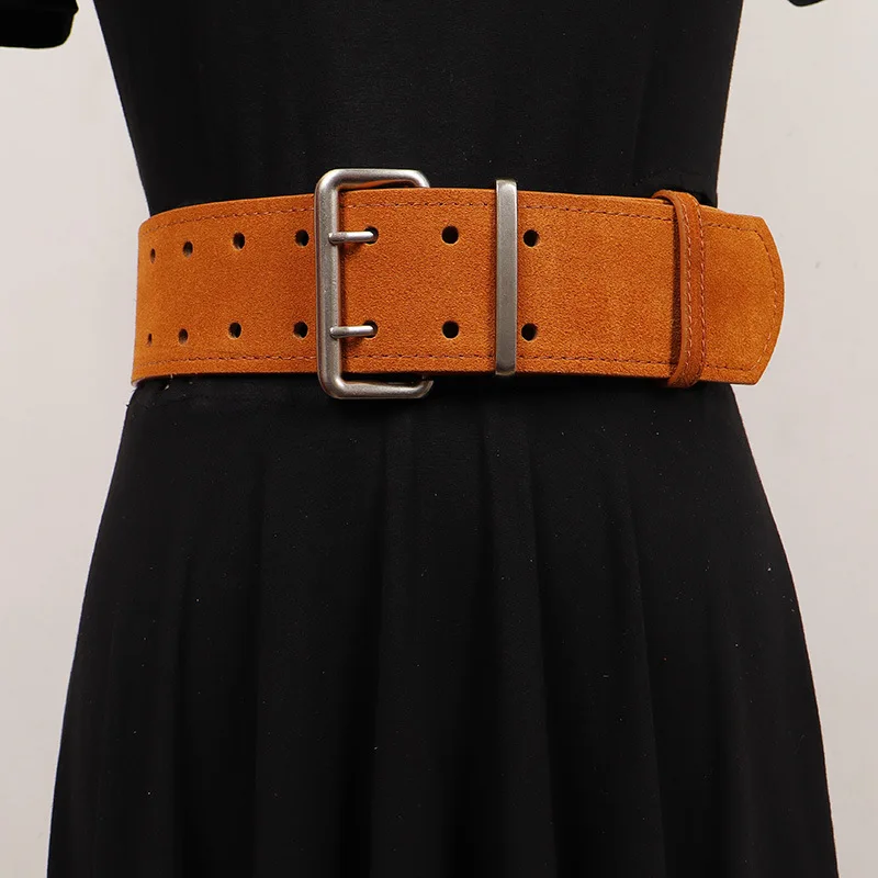 

Женский новый корейский стиль, двойной игольный антизамшевый широкий ремень в стиле ретро, серебряная пряжка, украшение из натуральной кожи, пояс