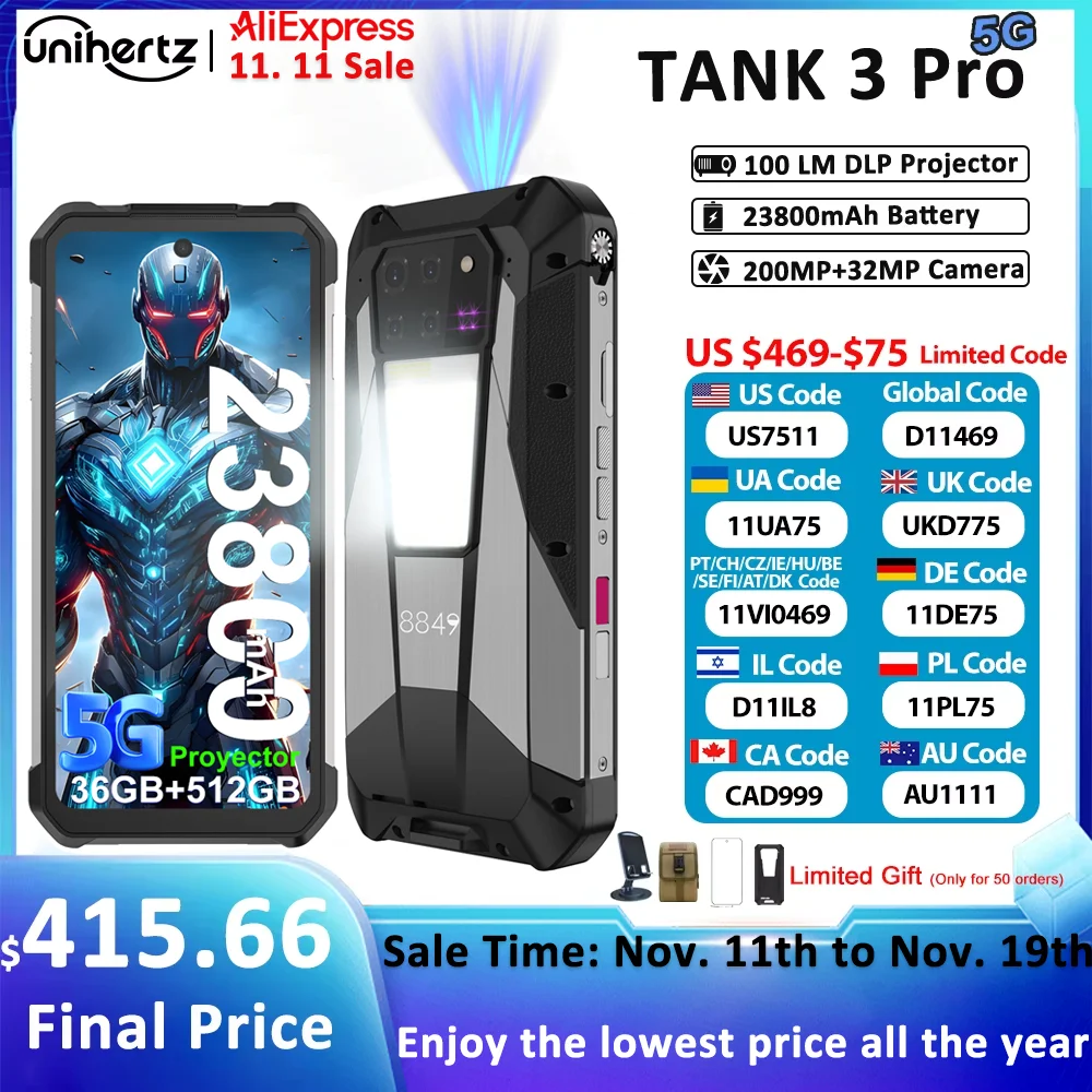 US EU MX Warehouse Unihertz Tank 3 Pro 8849 with 100 Lumens 5G Projector phone,32GB/36GB RAM,512GB ROM,23800mAh 120W,200MP, NFC