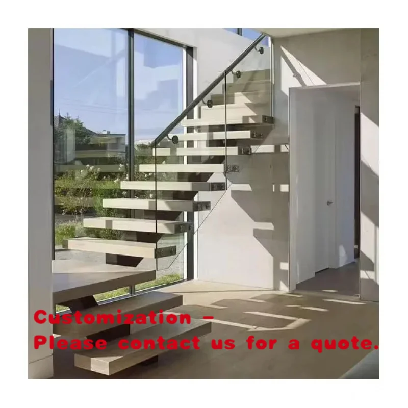 custom.American Style L-shape White Oak Wood Open Tread Step Stairs Cantilever Carbon Steel Stringer Straight Stairs with Glass