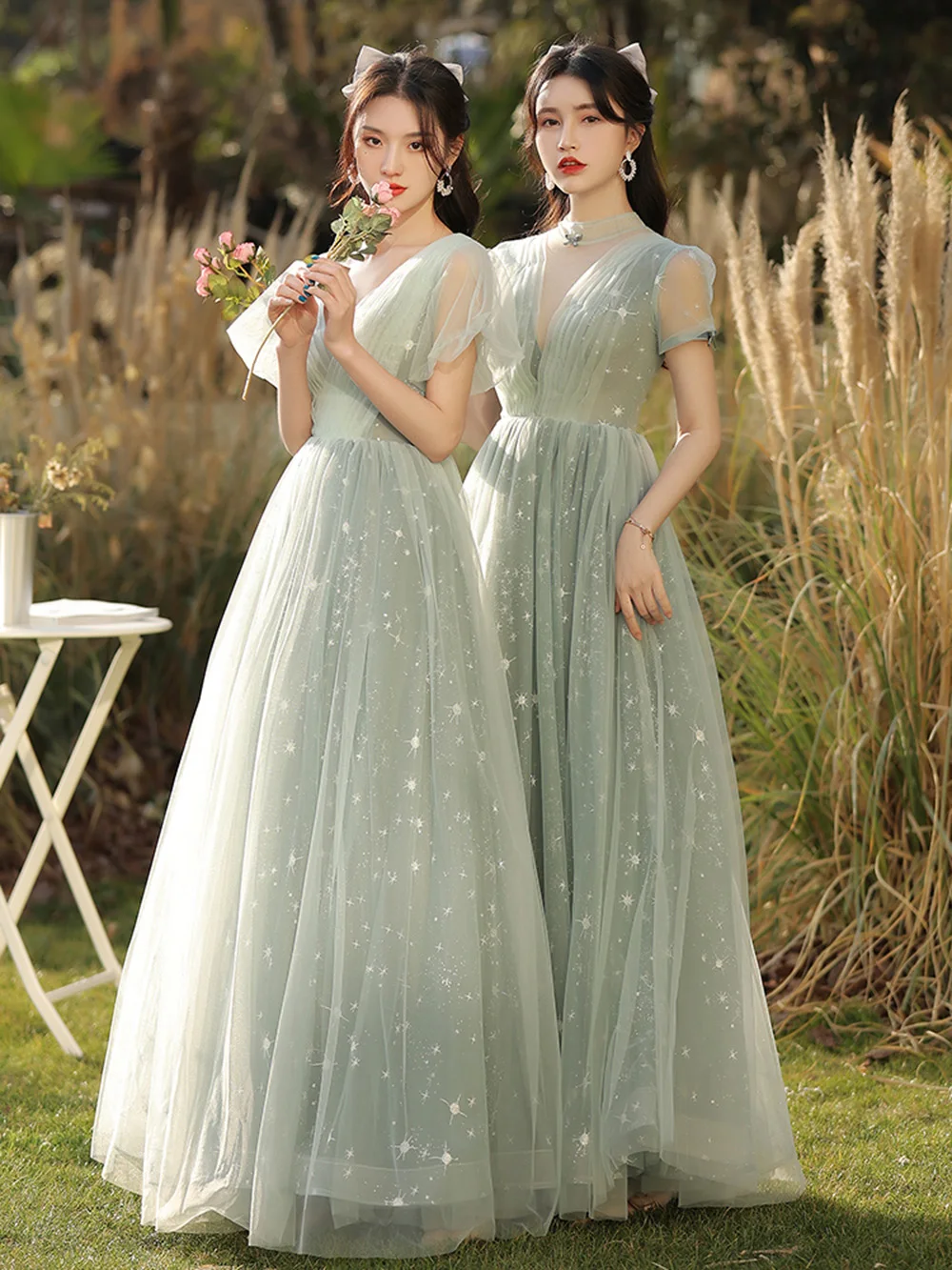 

Green Appliques Bridesmaid Dress Women's Bow Sequined Short Sleeved Party Gowns Temperament Sisters Group Wedding Dresses