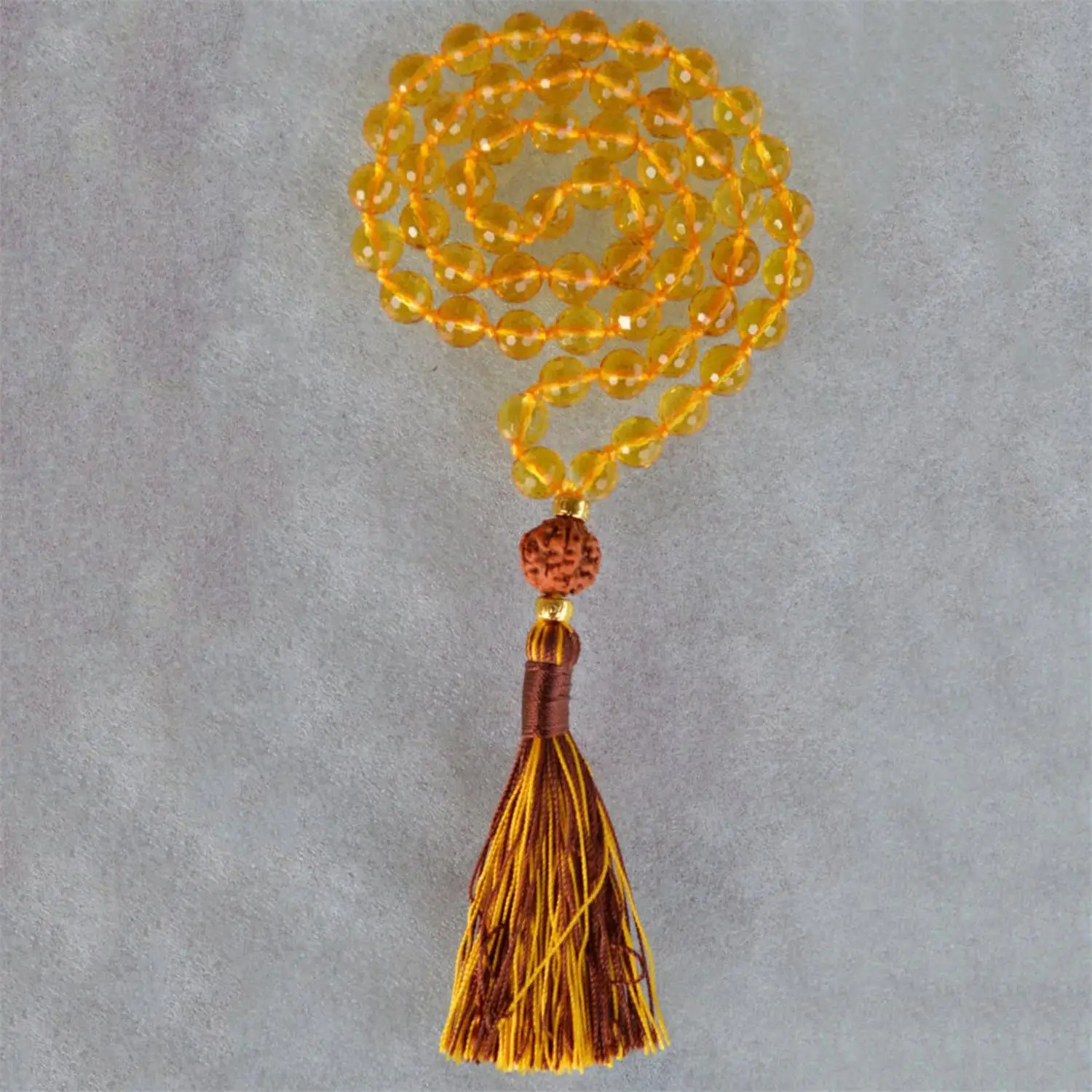 8mm Fashion Yellow Quartz 108 Beads Handmade Tassel Necklace Men Gemstone Metal Fashion Enthusiasts Unisex Tranquility Healing